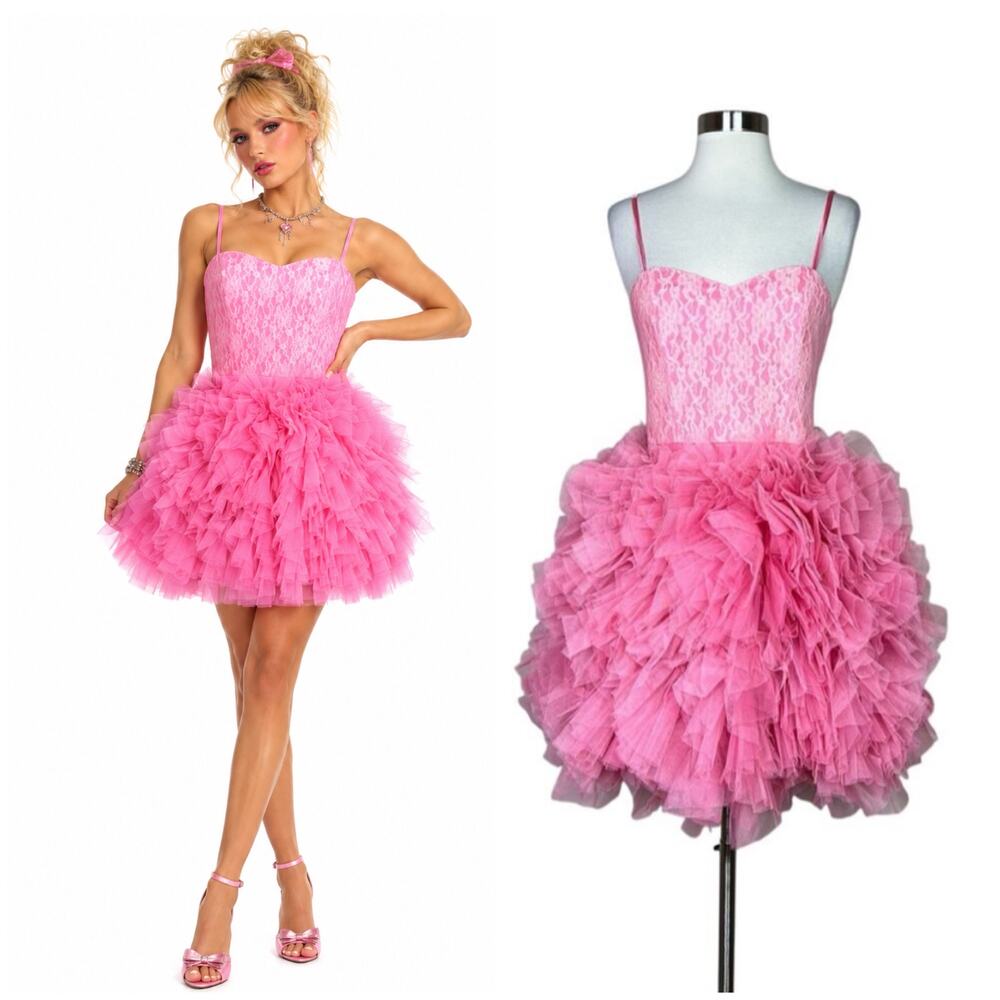 NEW Betsey Johnson | Pink Tulle Lace Party Dress Tulle Ruffle Y2K Size 4 NWT
